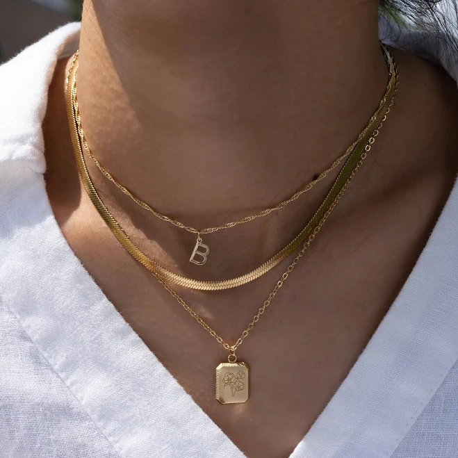 Gold Layering Necklace Set by Babeina, Stacking Necklace 3Pcs, Multi Strand Necklace, Multi Layer Necklace, Birth flower,Initial,Herringbone