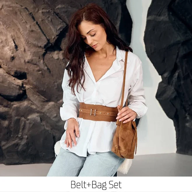 Leather waist belt and bucket bag set, Leather wide belt women, Crossbody bucket leather bag, Wide belt and bag set, Handmade leather belt