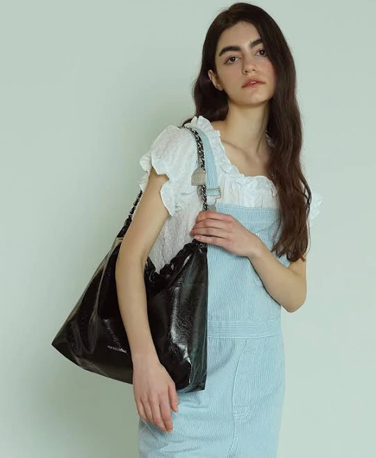 Rue D’EUGENIE [Silver Chain] Vegan Leather Small Hobo Bag_Black by W Concept