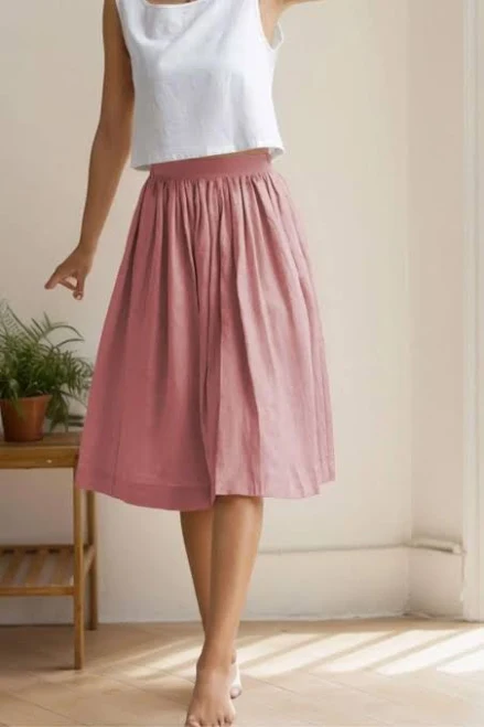Women's High Waist Pleated Linen Midi Skirt