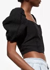 Zara black Cropped Eyelet Puff Sleeve Crop Top Womens, size small