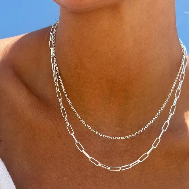 Layered Paperclip Chain Choker Necklace Set of Two