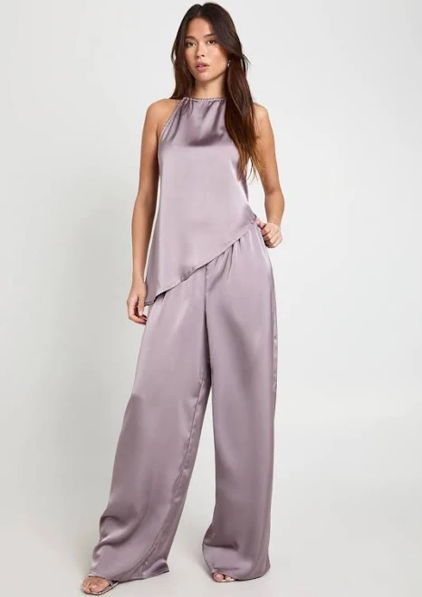 Boohoo Women's Halterneck Asymmetric Satin Cami & Trouser Co-Ord