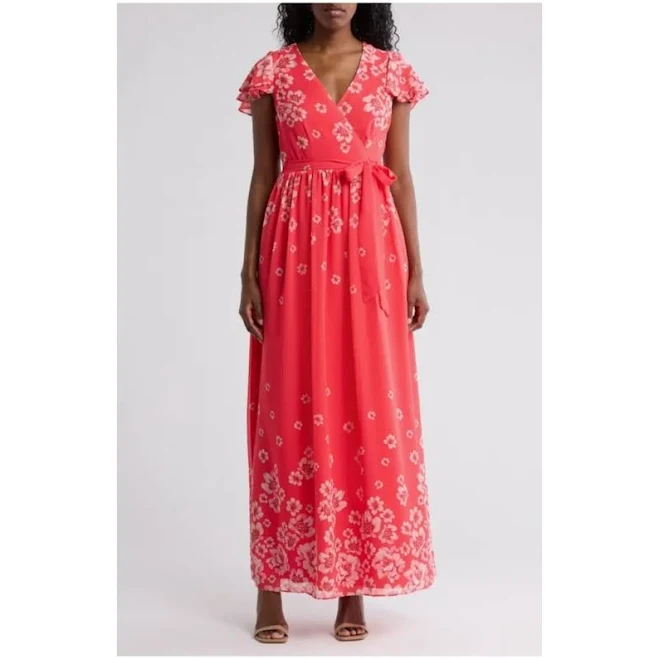 Eliza J Women's Floral Flutter Sleeve Faux Wrap Maxi Dress