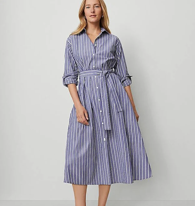 Ann Taylor Women's Striped Collared Midi Shirtdress