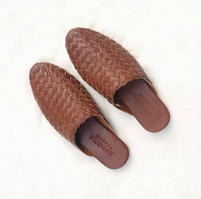 Handwoven Goatskin Leather Round Tip Mule Loafers