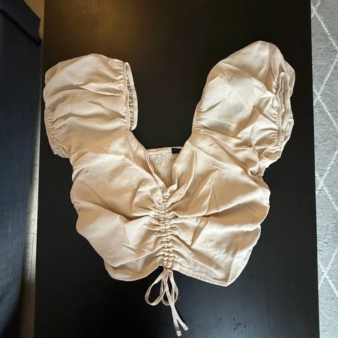 Forever 21 Tops | Forever 21 Beige Cream Smocked Off Shoulder Crop Top Puff Sleeve Peasant Blouse | Color: Cream | Size: S | Mulatwafeyesa's Closet