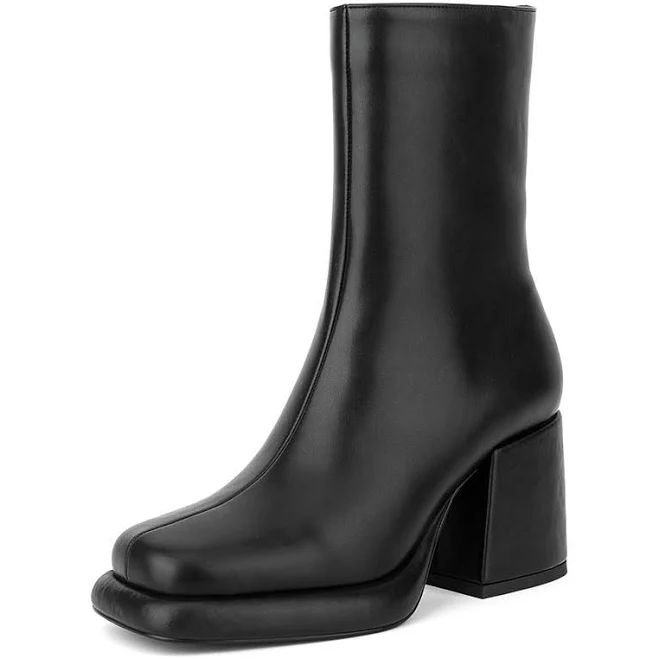 Women's Square Toe Platform Chunky Heel Vegan Leather Ankle Boots