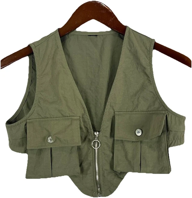 Olive Green Utility Cargo Vest Cropped Zip Pockets Y2k Streetwear