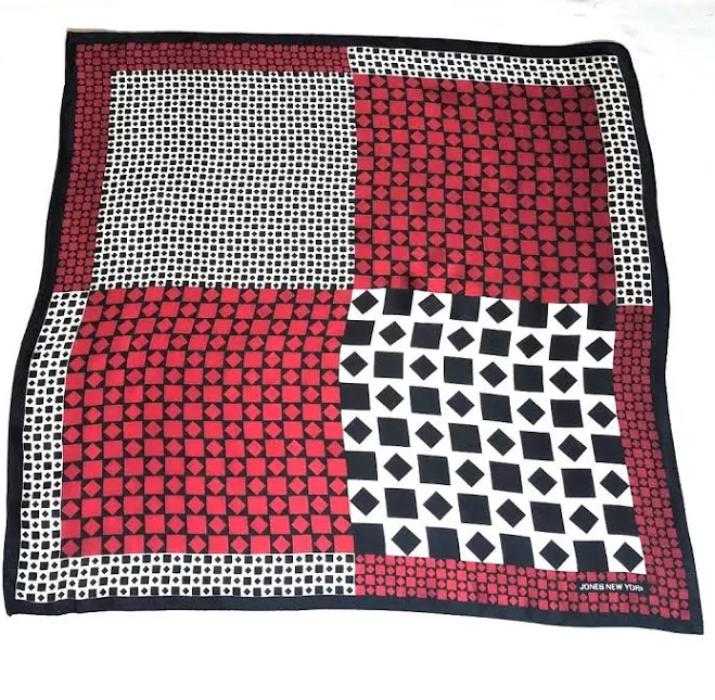 Jones York Silk Scarf Interesting Geometric Print Black White Red 21"