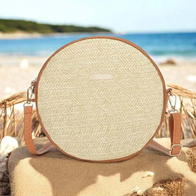 Minimalist Round Straw Crossbody Bag with Vegan Leather Trim