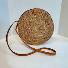 Women's Natural Chic Handwoven Round Rattan Crossbody Bag