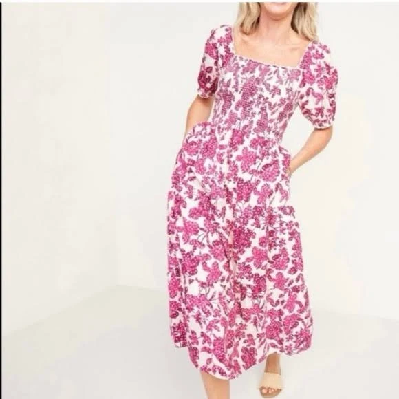 Old Navy Dresses | Old Navy Pink Floral Smocked Square-Neck Midi Dress | Color: Pink/White | Size: S | Dianaembick's Closet