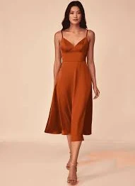 Burnt Orange A-Line Stretch Satin Dress