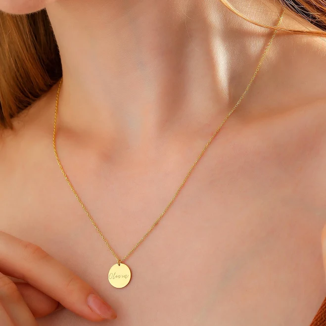 14K Solid Gold Personalized Coin Disc Necklace