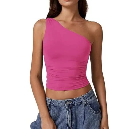 Wulmleo Women's One Shoulder Ruched Crop Top Casual Summer Tops for Night Out Hot Pink XL