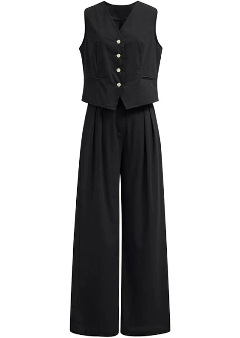 Linen-Blend Button Down Vest and Pants Set