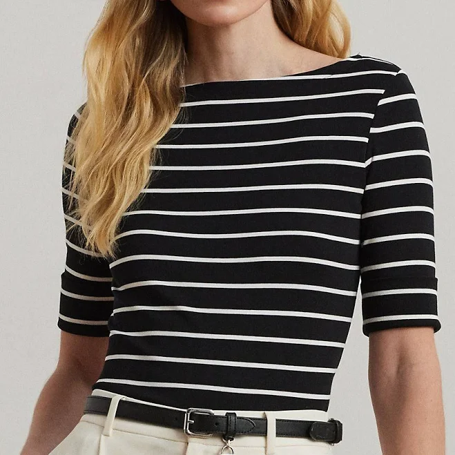 Ralph Lauren Women's Striped Stretch Cotton Boatneck Tee - Size XXS in Black
