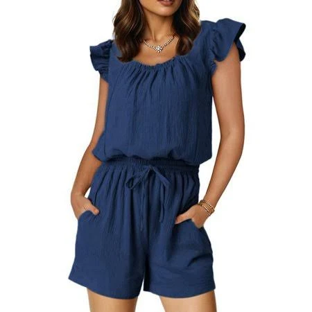 Jaimenalin Rompers for Women Summer Ruffle Sleeves Square Neck Drawstring Casual with Pockets Navy Blue S, Women's, Size: Small