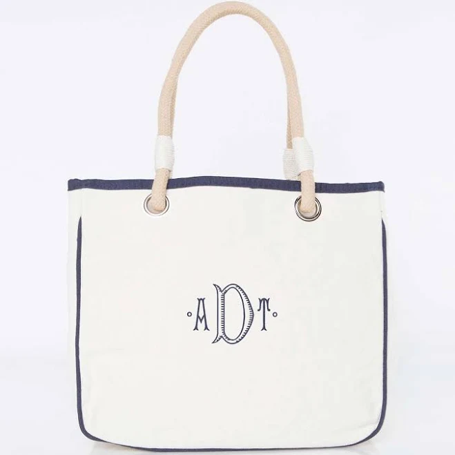 Personalized Navy Blue Trim Rope Handle Canvas Tote Bag