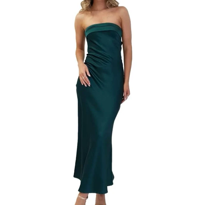 Women's Satin Silk Backless Tube Top Maxi Dress