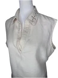 St Johns Bay 100% Linen Tunic Top Ivory Embroidered Collar Sleeveless Large