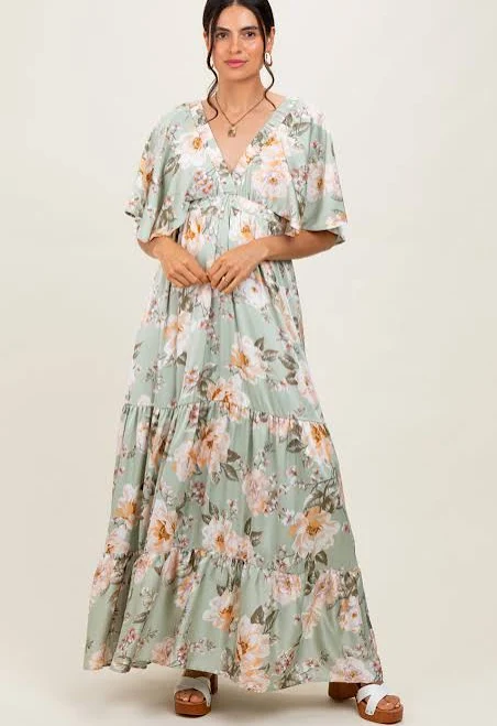 Floral Print Elbow Sleeve V-Neck Tiered Maxi Dress