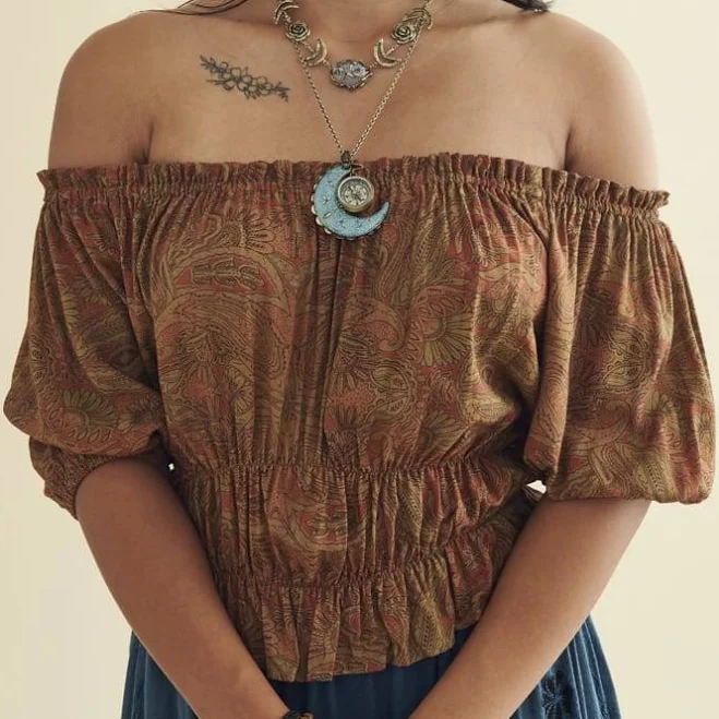Rust Paisley Milkmaid Balloon Sleeve Top