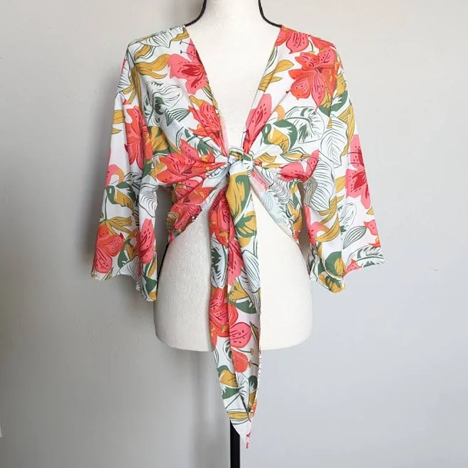 Flamingo Palms Tropical Floral Print Tie Flounce Sleeve Crop Top