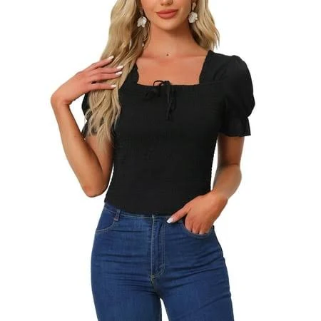 Inspire Chic Women's Smocked Square Neck Puff Sleeve Ruffle Blouse