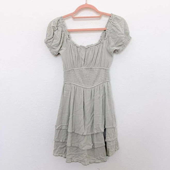Hollister Women's Sage Green Mini Dress, XS, Smocked Bodice, Tiered Skirt