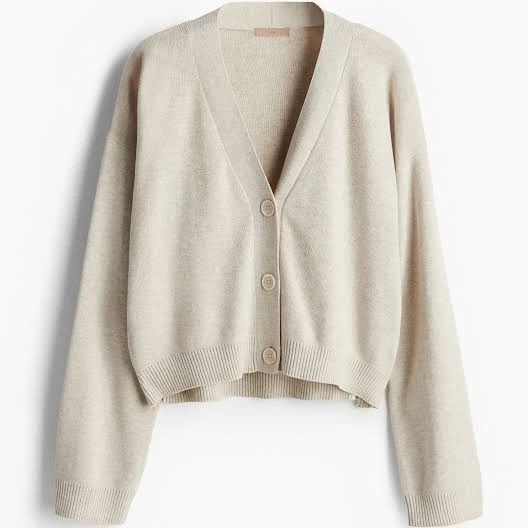 Hm Fine Knit Cardigan Light Beige Marl, Women's Knitwear, L, Light-beige, Polyester Blend