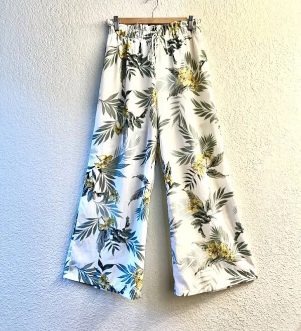 Papaya White Yellow Green Floral Beachwear Classic Tropical Wide Leg