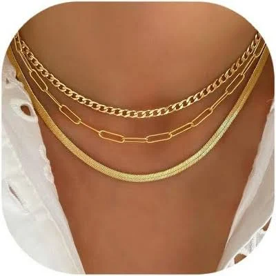 14K Gold Layered Herringbone Necklace Set