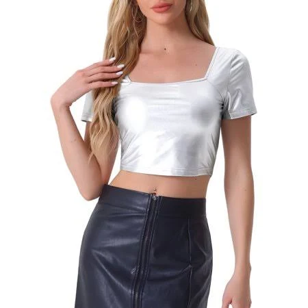 Metallic Square Neck Short Sleeve Backless Cropped Top