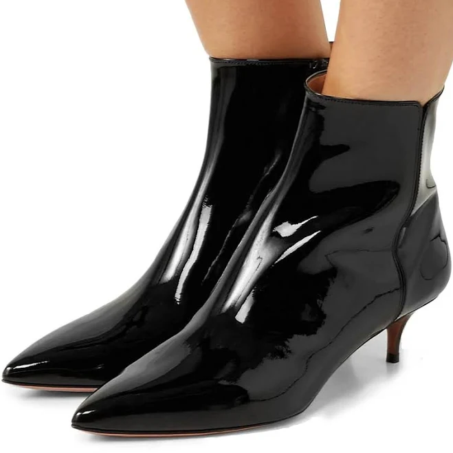 Black Patent Leather Pointed Toe Side Zipper Kitten Heel Ankle Boots Black-10