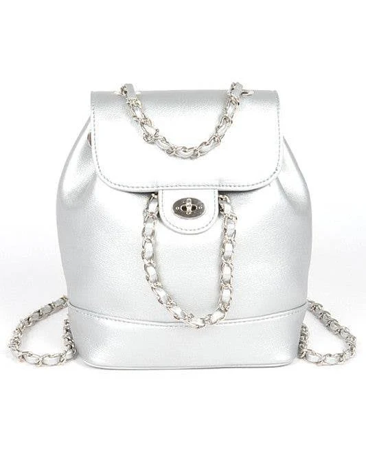 Faux Leather Chain Accent Fashion Backpack for Women - Silver / O/S