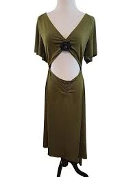 WeWoreWhat Cut Out Asymmetrical hem Dress Double knit Stretch Olive Size M New