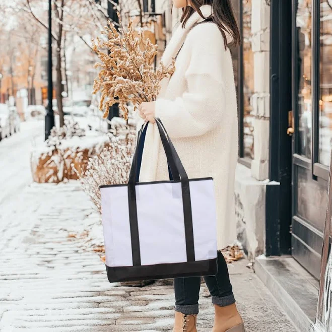 Extra Large Canvas & Leather Tote Bag - White With Black Handles