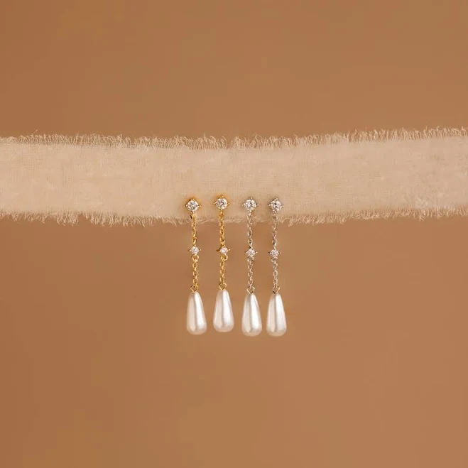 Caitlyn Minimalist Dainty Diamond Pearl Chain Drop Stud Earrings in 18K Gold