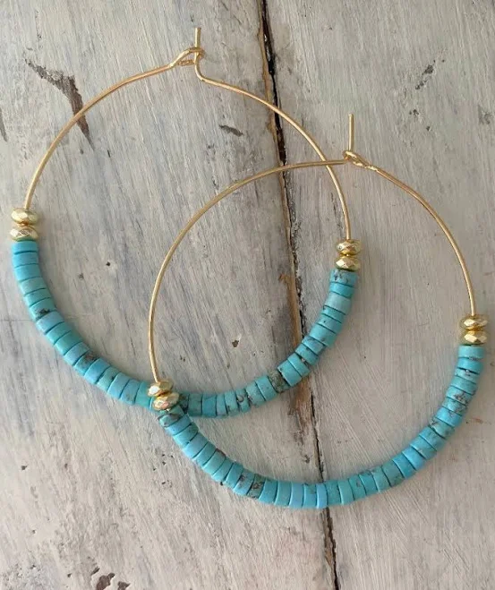 Gold Filled Turquoise Gemstone Beaded Hoop Earrings