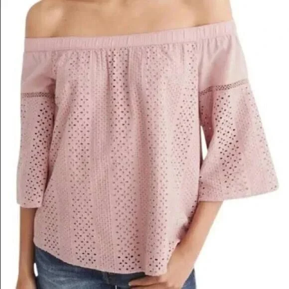 Abercrombie & Fitch Off The Shoulder Pink Eyelet Blouse - Ruffles