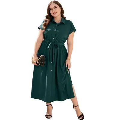 Women's Plus Size Tie Belt Button Lapel Single Breasted Hem Midi Dress