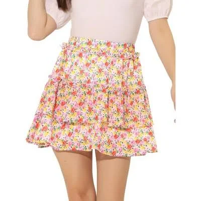 Inspire Chic Women's Layered Ruffle Hem Elastic Waist A-Line Floral