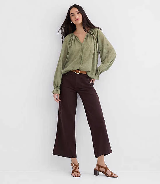 Loft Women's Eyelet Ruffle Cuff Tie Neck Blouse