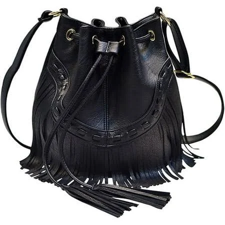 Women's Boho Fringed Faux Leather Crossbody Bag with Drawstring