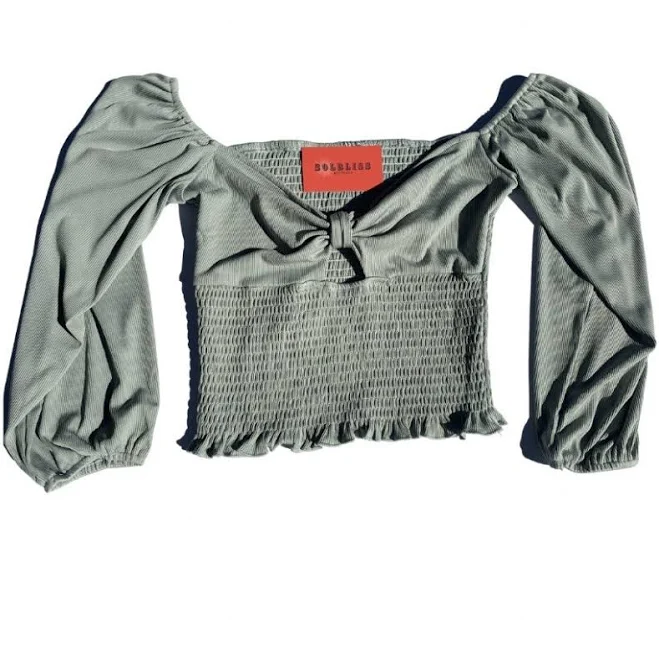 Womens Smocked Off Shoulder Top, Sage green, Summer, Spring, Fall