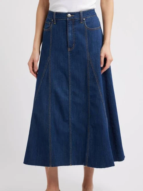 1822 Denim Women's Raw Hem A-Line Denim Midi Skirt