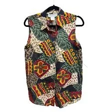 Tribes Abstract Print Sleeveless Top Silk Button Down Blouse Vintage