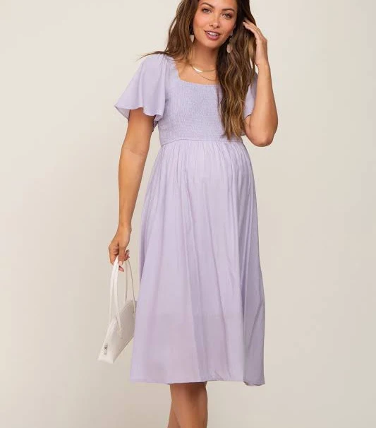 PinkBlush Smocked Square Neck Flutter Sleeve Maternity Midi Dress